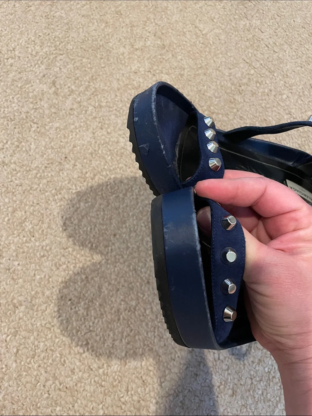 Balenciaga Women’s Navy Studded Block Heel Sandals - Picture 8 of 9